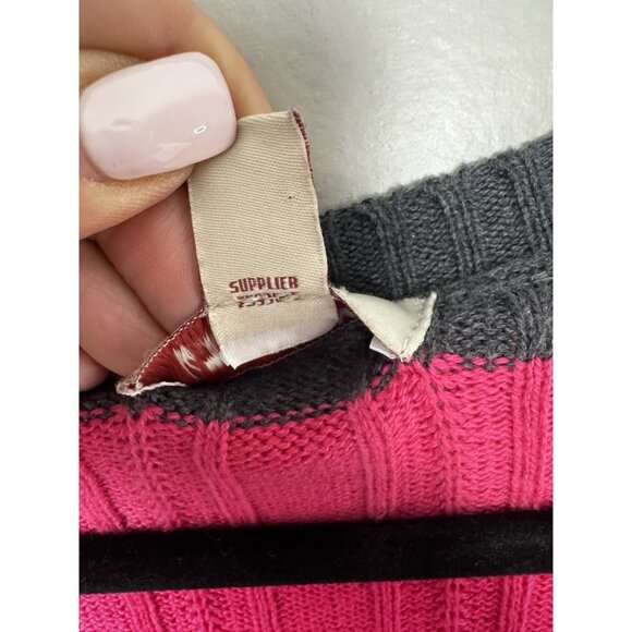 VTG Y2K Arizona Pink Charcoal Striped V-Neck Cable Knit Sweater XL 90s Cozy Knit - Picture 4 of 9